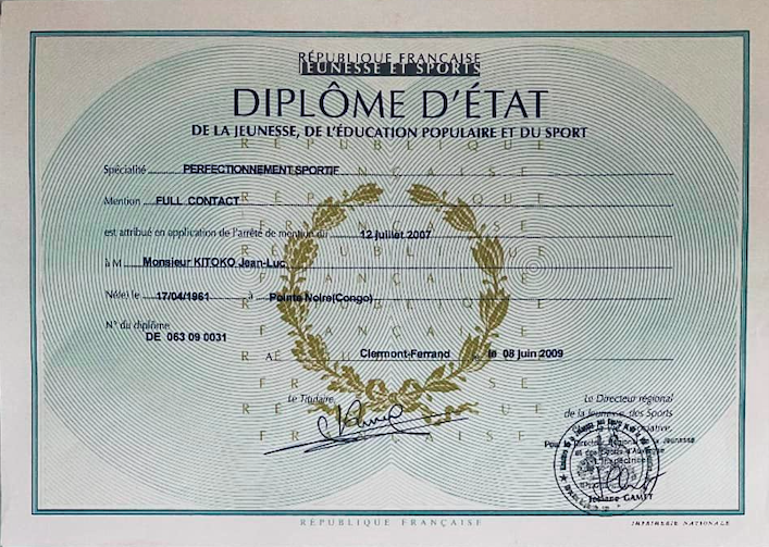 Diplôme D.E.J.E.P.S. de Full Contact de Jean-Luc KITOKO